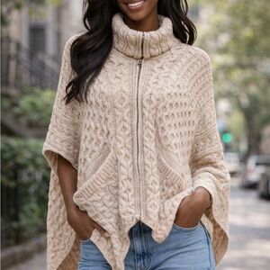 Carraig Donn Pure Merino Wool Poncho Fisherman Cable Knit Cape One Size